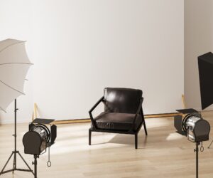 Interior of modern photo studio with professional lightning equipment